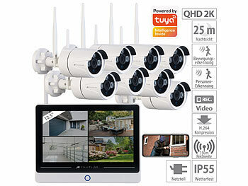 Kamerasystem: VisorTech Funk-Überwachungssystem mit Display-HDD-Rekorder und 8 IP-Kameras, App