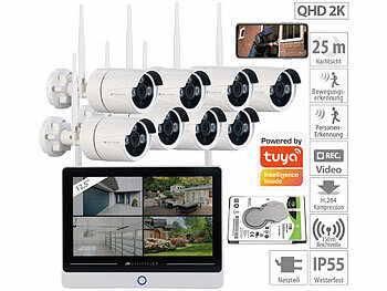VisorTech Funk-Überwachungssystem mit Display, HDD-Rekorder, 8 IP-Kameras, 1 TB