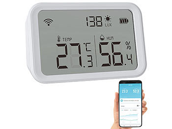 Luminea Home Control 2er-Set 3in1-WLAN-Sensoren: Temperatur, Luftfeuchtigkeit & Helligkeit
