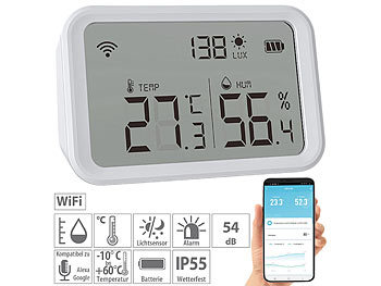 Helligkeitssensor: Luminea Home Control 3in1-WLAN-Sensor für Temperatur, Luftfeuchtigkeit und Helligkeit, App