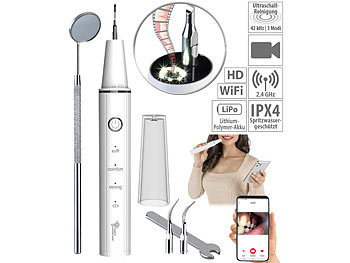 Zahnreiniger: newgen medicals Kamera-Ultraschall-Zahnstein- & Plaque-Entferner, WLAN, HD, Akku, App