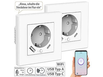 WLAN Steckdose Einbau: Luminea Home Control 3er-Set WLAN-Unterputzsteckdosen mit App, je 1x USB A, 1x USB C, 2 A
