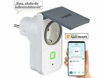 Zeitschaltuhr mit Fernbedienung: Luminea Home Control WLAN-Outdoor-Steckdose, HomeKit-fähig, App, Sprachbefehl, Strommessung