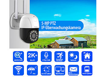 WLAN Kamera aussen: 7links PTZ-IP-Überwachungskamera, 2K+, 5x optischer Zoom, IR, WLAN, 64GB, App