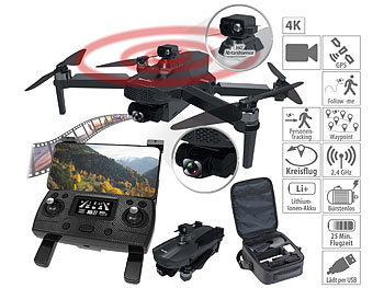 Drohne mit Kamera: Simulus Faltbare GPS-Drohne, 4K-Cam, 360°-Abstandssensor, Brushless-Motor, App