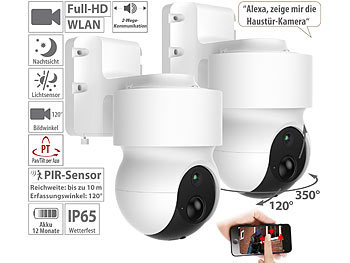 Akku Überwachungskamera: 7links 2er-Set Pan-Tilt-Akku-Überwachungskameras, Full HD, WLAN, App, 120°