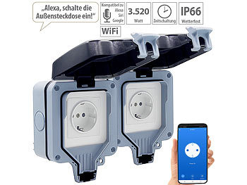 WiFi Außensteckdose: Luminea Home Control 2er-Set Outdoor-WLAN-Aufputzsteckdosen, Sprachsteuerung, Messung, App