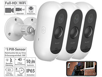 IP Kamera Akku: 7links 3er-Set Akku-Outdoor-IP-Überwachungskameras, Full HD, WLAN & App