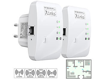 WiFi Extender: 7links 2er-Set Mini-WLAN-Repeater mit WPS-Taste, 300 Mbit/s, 2,4 GHz & LAN