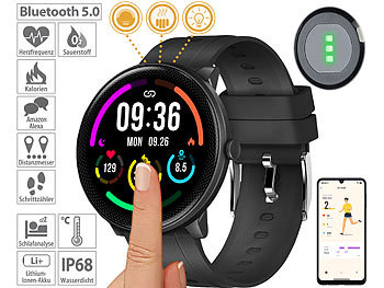 Sportuhr: newgen medicals ELESION-kompatible Fitness-Smartwatch, Bluetooth, SpO2, Alexa, IP68