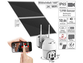 Solar Überwachungskamera: 7links Pan-Tilt-Überwachungskamera, 2K-Auflösung, WLAN, Akku, 25 W Solarpanel
