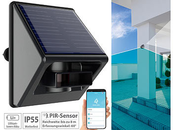 Bewegungsmelder mit App: Luminea Home Control Outdoor-PIR-Sensor mit ZigBee-WLAN-Gateway und Solarpanel, IP55