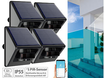 PIR Bewegungssensor: Luminea Home Control 4er-Set Outdoor-PIR-Sensoren, Solarpanel, App, IP55, ZigBee-kompatibel