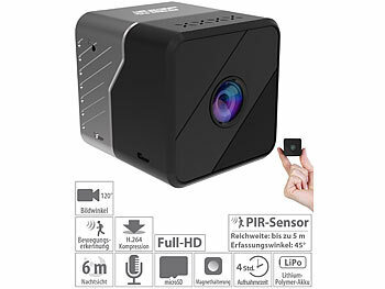 Minicamera: Somikon Mobile Mini-Full-HD-Überwachungskamera, PIR-Sensor, 6 Monate Stand-by