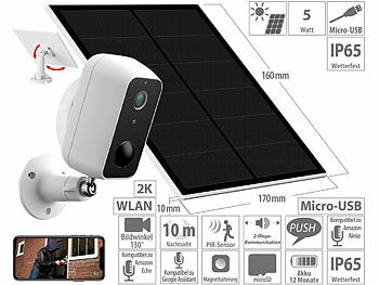 WiFi-Solar-Kamera: VisorTech Outdoor-IP-Überwachungskamera mit 5-W-Solarpanel, Akku, Full HD, WLAN