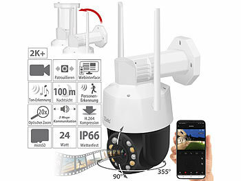 Netzwerk Kamera: 7links PTZ-Überwachungskamera mit 2K+, Laser-LEDs, 20x-Zoom, WLAN, App, 360°