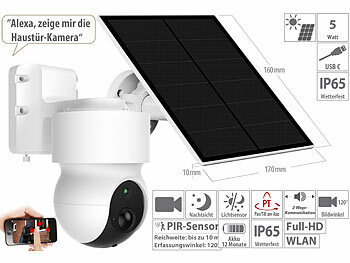 Kamera Solar: 7links Solar-Akku-Überwachungskamera mit Full HD, Pan-Tilt, WLAN und App