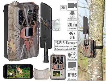 Wildkamera mit Simkarte: VisorTech 4G/LTE-Akku-Wildkamera mit 2K-Auflösung, PIR-Sensor, Nachtsicht, App