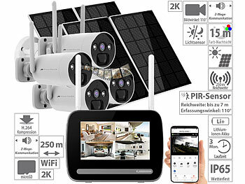 Überwachungskamera Solar: VisorTech Funk-Überwachungs-Set: Monitor-Rekorder + 4x 2K-Solar-Kamera, PIR, App