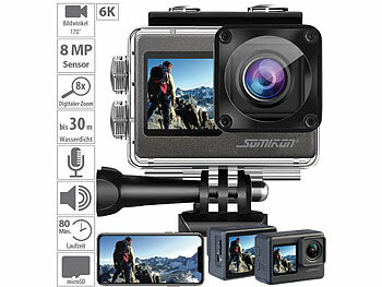 Action Kamera: Somikon 6K-Actioncam mit 2 Farbdisplays, WLAN, Bildstabilisierung, Sony-Sensor