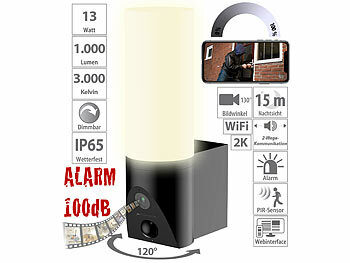 WLAN Camera: VisorTech LED-Außenwandleuchte & WLAN-2K-Kamera, PIR, Nachtsicht, App, schwarz