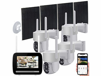 VisorTech Funk-Überwachungs-Set: Monitor-Rekorder mit 4x 2K-PT-Solar-Kamera, App