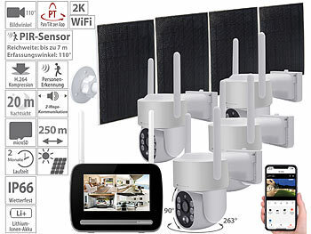 Überwachungskamera mit Infrarot: VisorTech Funk-Überwachungs-Set: Monitor-Rekorder mit 4x 2K-PT-Solar-Kamera, App