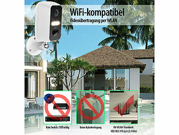 VisorTech Akku-Outdoor-IP-Überwachungskamera mit 2K-Auflösung, WLAN, App, IP65