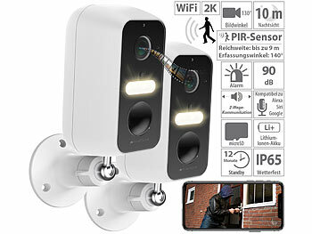 Überwachungs-Kamera WiFi: VisorTech 2er-Set Akku-Outdoor-IP-Überwachungskamera mit 2K-Auflösung, WLAN, App