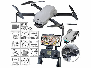 Drohne mit Kamera: Simulus Faltbare GPS-Drohne mit 4K-Cam, 2-Achsen-Gimbal, Brushless-Motor, WLAN