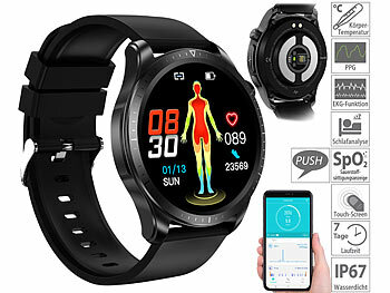 EKG Uhr: newgen medicals Fitness-Smartwatch, EKG-, Herzfrequenz- & SpO2-Anzeige, App, IP67