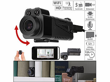Minicamera: Somikon WLAN-Micro-Kamera, Full HD, 90° neigbar, Powerbank, IR-Nachtsicht, App