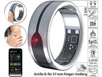 Ring Schlaftracker: newgen medicals Fitnesstracker-Ring, Herzfrequenz- & SpO2-Anzeige, 2 mm, silber, Gr.57