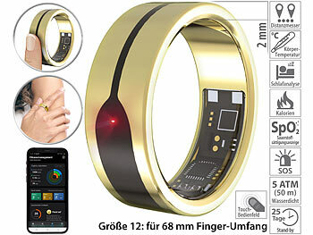 Finger-Ring: newgen medicals Fitnesstracker-Ring, Herzfrequenz- & SpO2-Anzeige, 2mm, gold, Gr. 68