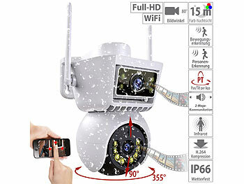 4K-Überwachungskamera: 7links Dual-Linsen-WLAN-Pan-Tilt-IP-Kamera, Full HD, Farb-Nachtsicht, IP66