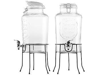 Wasserspender mit Hahn: PEARL 2er-Set Retro-Getränkespender aus Glas mit Ständer, Zapfhahn, 6, Liter