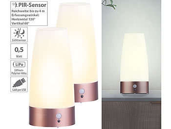 USB Lampen: Lunartec 2er-Set LED-Akku-Tischlampen mit PIR-Bewegungs-Sensor, warmweiß, rund