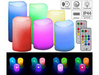 LED Tischlampen: Lunartec 6er-Set dimmbare RGB-LED-Kerzen mit Timer & Fernbedienung, bunt, IP44