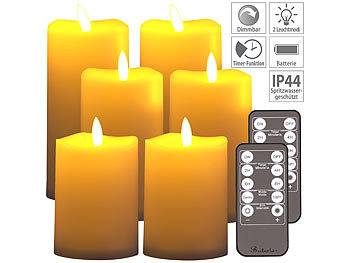 LED Kerzen außen: Britesta 6er-Set flackernde LED-Kerzen, dimmbar, 3 Größen, Fernbedienung, IP44