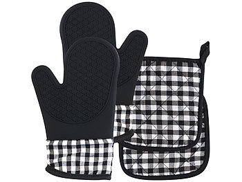 Backofen Handschuhe: Rosenstein & Söhne 4er-Set Silikon-Ofenhandschuhe und Topflappen, bis 240 °C, abwischbar