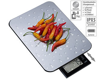 Waage Küche: Rosenstein & Söhne Digitale Edelstahl-Küchenwaage, bis 10 kg, auf 1 g genau, IPX5