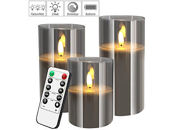 LED Kerzen Timer: Britesta 3er-Set LED-Echtwachskerzen in grauen Acrylgläsern, 3 Größen