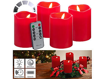 Kerzen mit Fernbedienung: Britesta 4er-Set flackernde LED-Adventskerzen mit Fernbedienung, dimmbar, rot