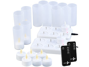 LED Teelichter aufladbar: Lunartec 12er-Set Akku-LED-Teelichter mit Ladestation, Fernbedienung, 15 Std.