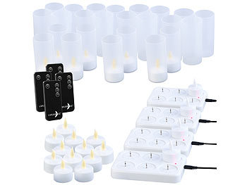 Flammenlose Teelichter: Lunartec 24er-Set Akku-LED-Teelichter mit Ladestation, Fernbedienung, 15 Std.