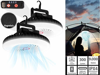 Camping Ventilator: Semptec 2er-Set 3in1-Akku-LED-Lichter & Ventilatoren + USB-Powerbank, Ø 16,6cm