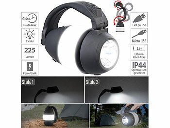 LED Akku: Semptec 4in1-Akku-Campinglaterne, Hand- & Tischlampe mit USB-Notlader, 225 lm