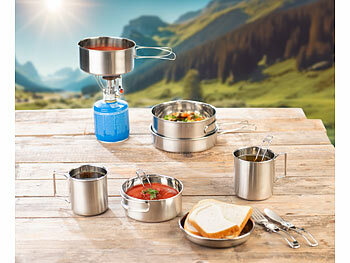 Semptec 24-teiliges Edelstahl-Camping-Kochgeschirr-Set mit Besteck und Tasche