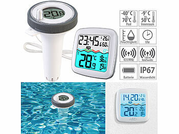 Poolthermometer: infactory Digitales Teich- & Pool-Thermometer, Funk-Empfänger, Farb-LCD, IP67