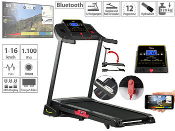 Laufband-Fitness-Station mit und App, Bluetooth: newgen medicals Profi-Laufband mit Bluetooth & App, XXL-Lauffläche, 16 km/h, 1.100 W